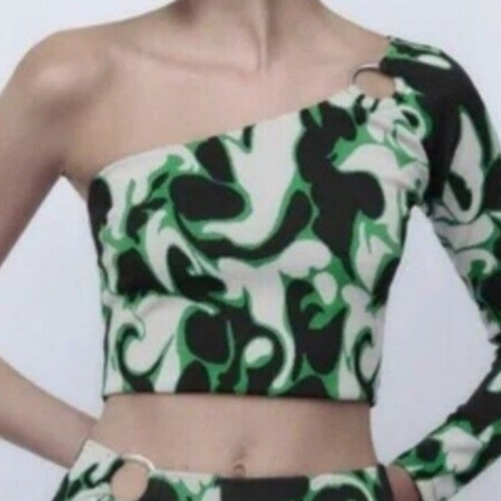 ZARA Silver tone RING ONE SHOULDER Floral Jacquard Crop TOP Sz L NWOTS